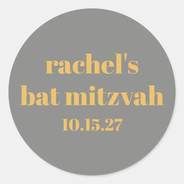Bold Typography Yellow Grey Custom Bat Mitzvah Classic Round Sticker (Front)