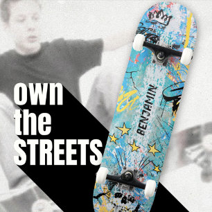 Bold Urban Graffiti Skull Blue Pop Art Skateboard