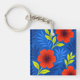 Bold Vermilion Red Florals with Elegant Leaves Keychain