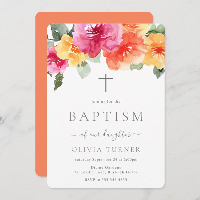 Bold Vibrant Colourful Botanical Floral Baptism Invitation (Front/Back)