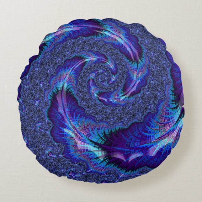 Bold Vibrant Psychedelic Spiralling Fractal Art Round Pillow (Front)