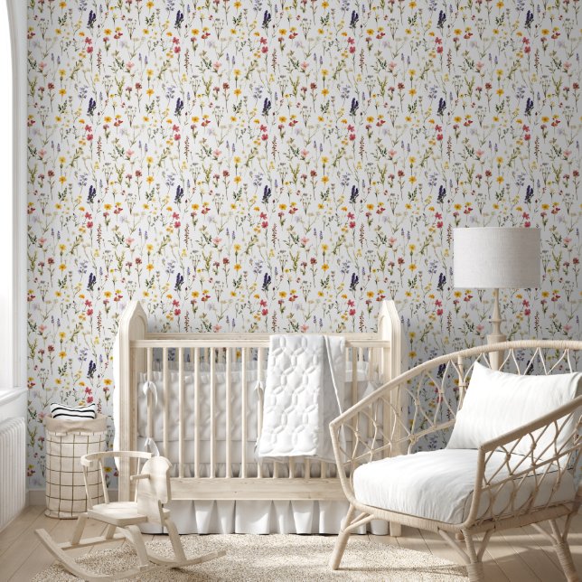 Bold Vibrant Wildflowers Floral Botanical White Wallpaper (Kids)