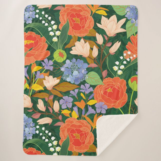 Bold Vintage Garden Floral Pattern Sherpa Blanket (Front)