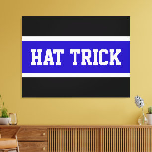 Bold Vivid Blue Black White Hockey HAT TRICK Text  Canvas Print