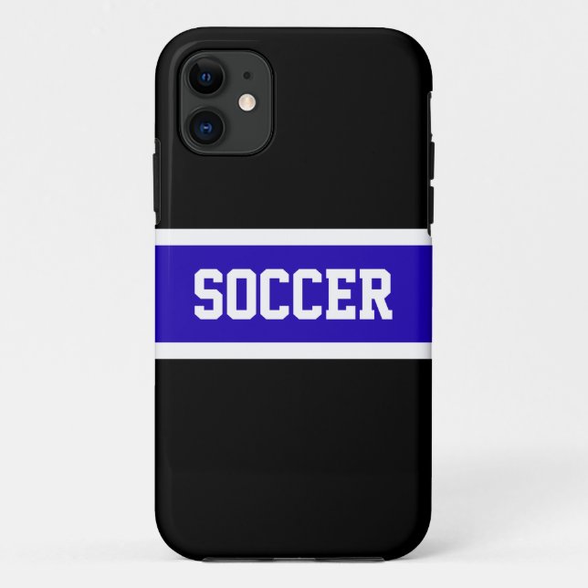 Bold Vivid Blue Black White Stripes "SOCCER" Text Case-Mate iPhone Case (Back)