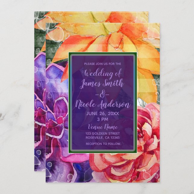 Bold Vivid Vibrant Colourful Succulents Wedding Invitation (Front/Back)