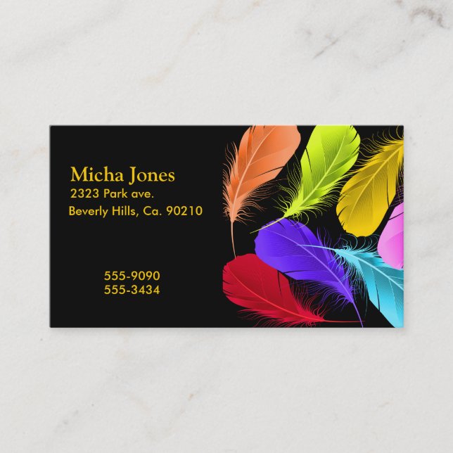 Bold Vivid Wild Coloured Feathers On Black Business Card (Front)