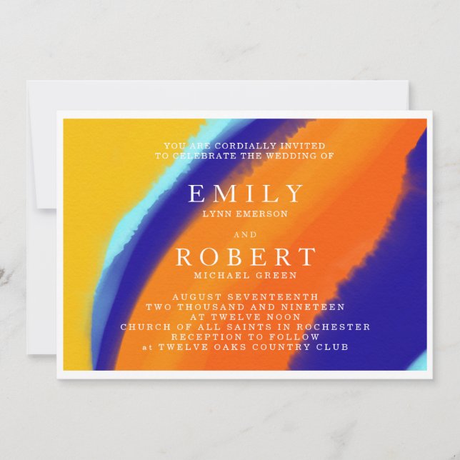 Bold Waterclor Orange and Blue Wedding Invitation (Front)