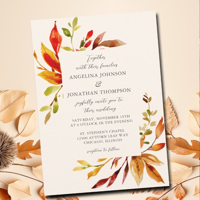 Bold Watercolor Autumn Leaves Cream Wedding Invitation (Creator Uploaded)