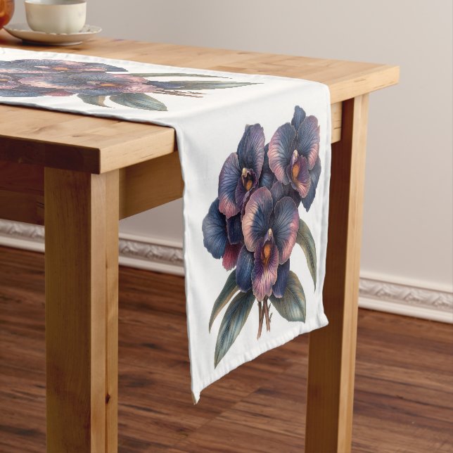 Bold watercolor black orchids table runner (In Situ)