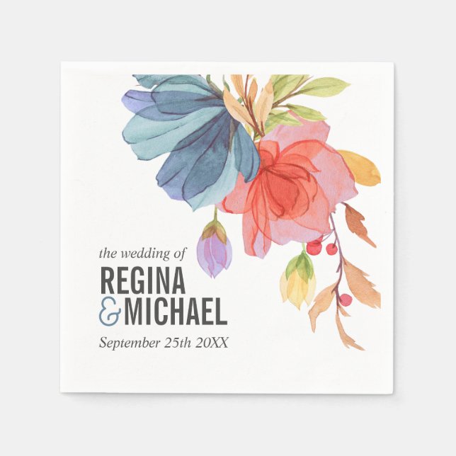 Bold Watercolor Blue Wildflowers Monogram Wedding Napkin (Front)