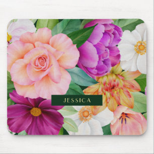 Bold Watercolor Floral Purple Pink Roses Monogram Mouse Pad