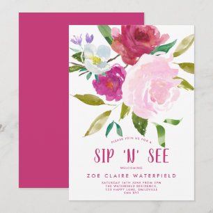 Bold Watercolor Floral Sip 'n' See Invitation