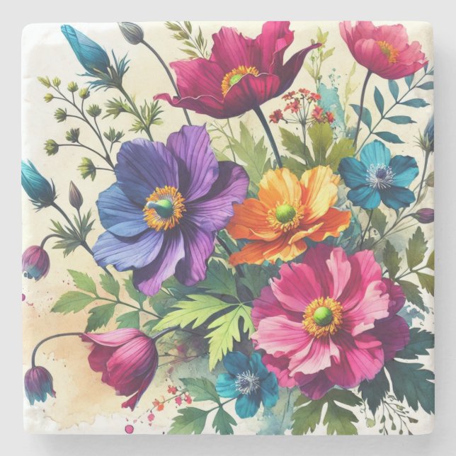 Bold Watercolor Floral  Stone Coaster (Front)