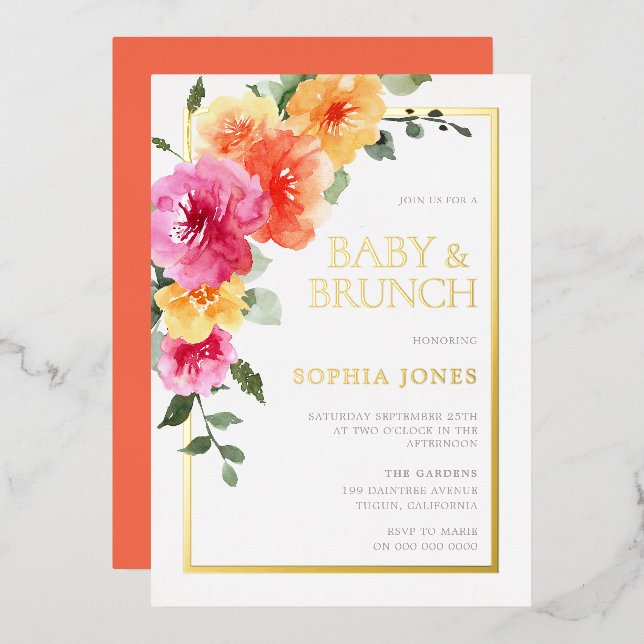 Bold Watercolor Flowers Baby Shower Brunch (Front/Back)