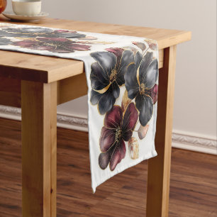 Bold watercolor gold black and burgundy flowers short table runner