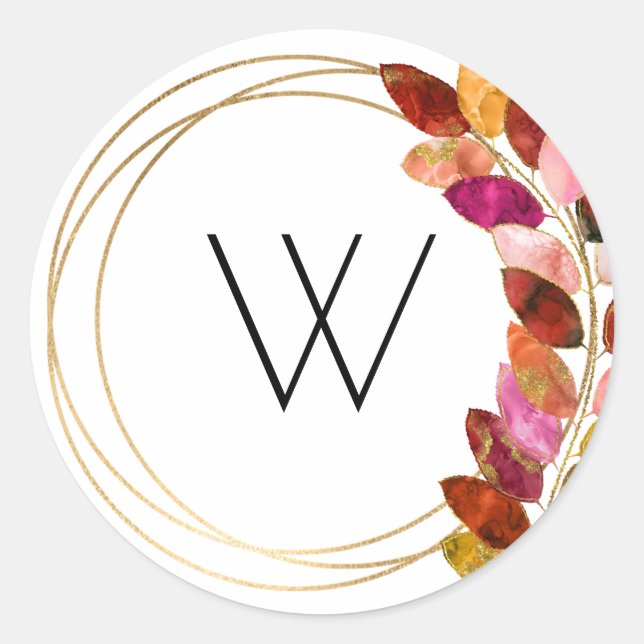 Bold Watercolor Leaves monogram wedding favour Classic Round Sticker (Front)
