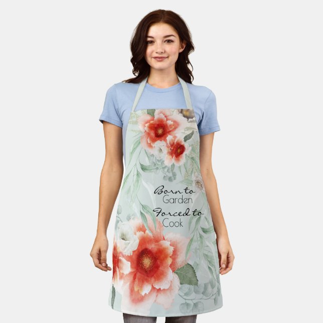 Bold Watercolor Peonies Born to Garden Apron (Worn)