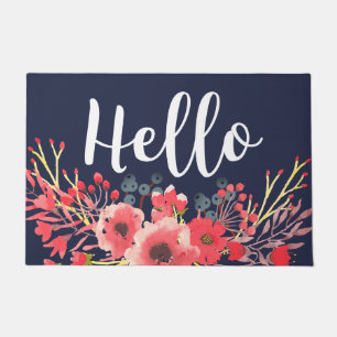 Bold Watercolor Pink Flowers & Hand Lettered Hello Doormat