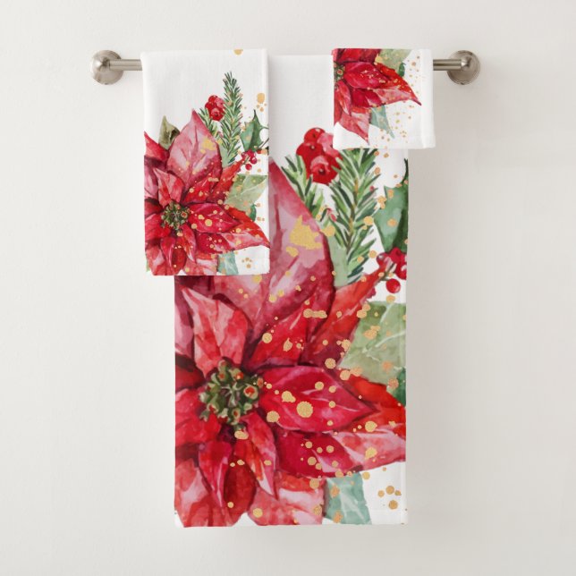 Bold Watercolor Poinsettia Gold Splatter Bath Towel Set (Insitu)