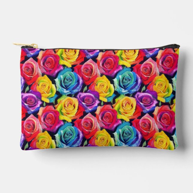 Bold watercolor rose array, floral pattern accessory pouch (Front)