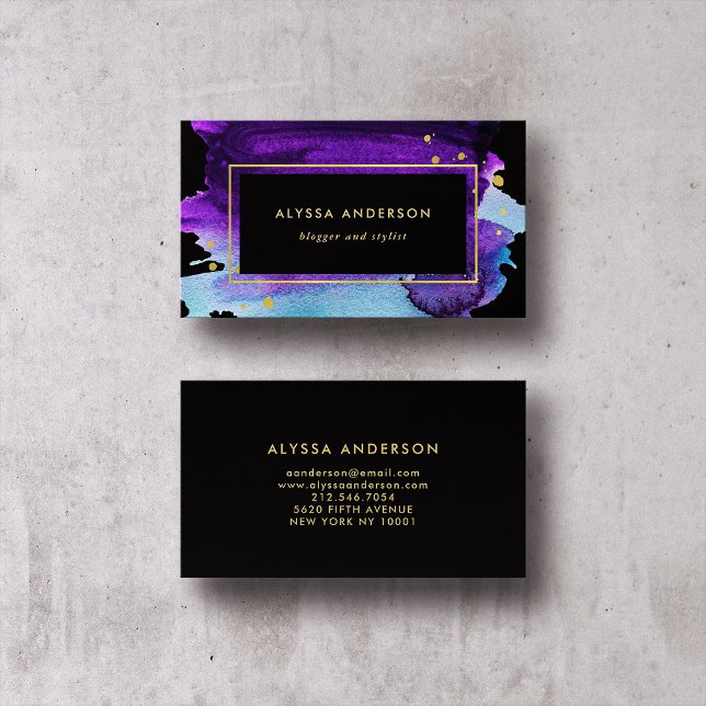 Bold Watercolor Splash with Faux Gold Look Accents Business Card (Creator Uploaded)