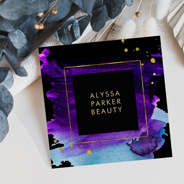 Bold Watercolor Splash with Faux Gold Look Accents Square Business Card (Creator Uploaded)