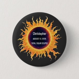 Bold Watercolor Total Solar Eclipse 2026 Name 2 Inch Round Button