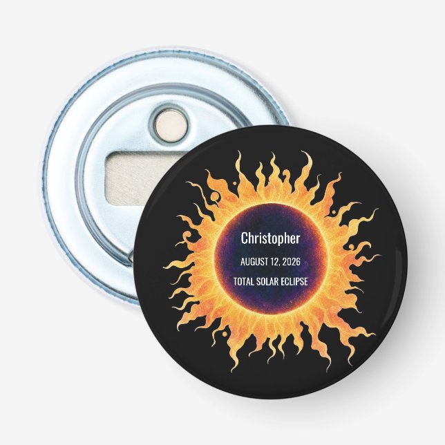 Bold Watercolor Total Solar Eclipse 2026 Name Bottle Opener (Front)