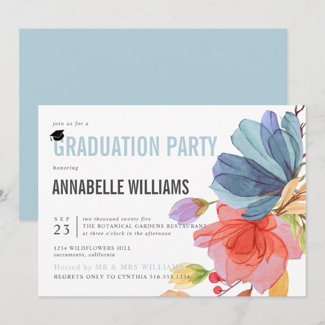 Bold Watercolor Wildflowers Aqua Graduation Party Invitation (Front/Back)