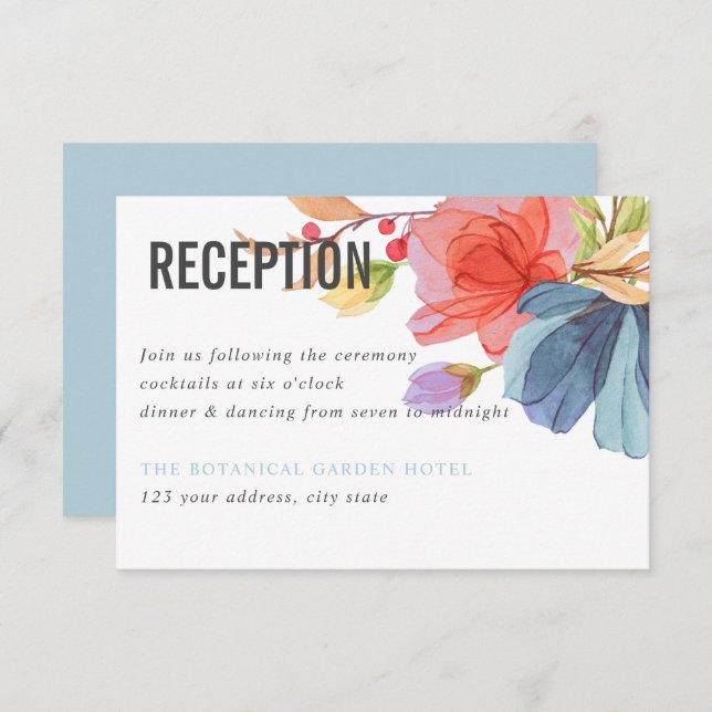 Bold Watercolor Wildflowers Aqua wedding Reception Invitation (Front/Back)