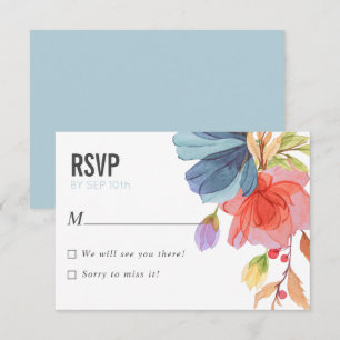 Bold Watercolor Wildflowers Aqua wedding RSVP Invitation