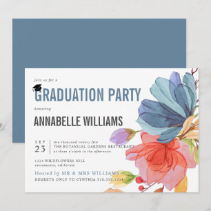 Bold Watercolor Wildflowers Blue Graduation Party Invitation