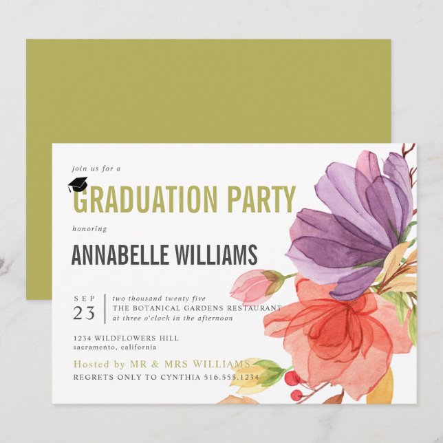 Bold Watercolor Wildflowers Green Graduation Party Invitation (Front/Back)
