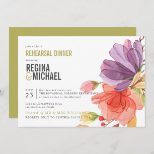 Bold Watercolor Wildflowers Green Rehearsal Dinner Invitation