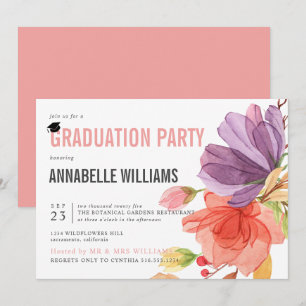 Bold Watercolor Wildflowers Pink Graduation Party Invitation