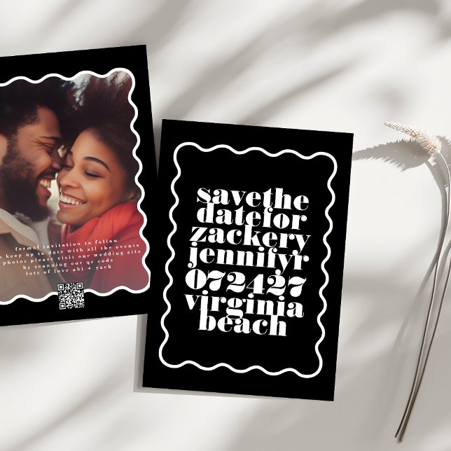 Bold Wavy Frame Black White QR Code Photo Save The Date (Creator Uploaded)