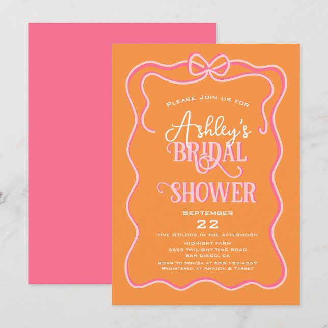Bold Wavy Frame Bow Pink Orange Bridal Shower Invitation (Front/Back)