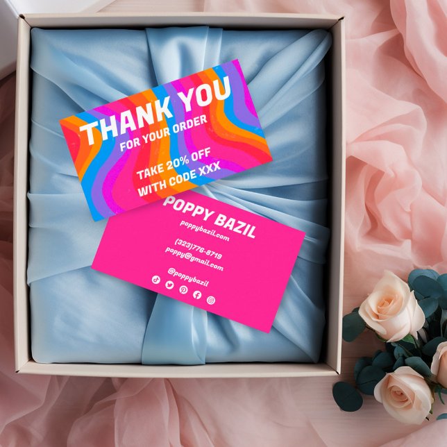 Bold Wavy Rainbow Order Thank You Discount Social  Business Card (Rainbow waves discount thank you note business cards with social media icons)