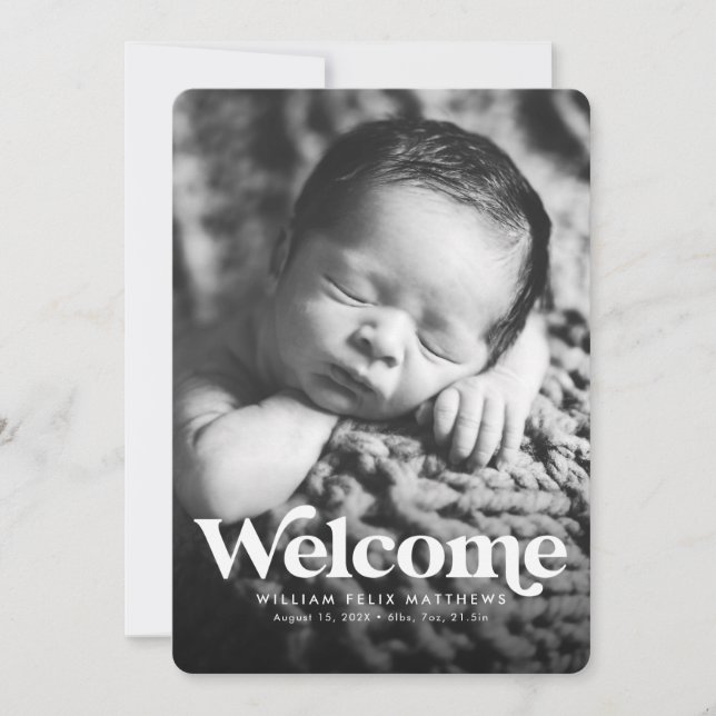 Bold welcome blue vertical birth announcement (Front)