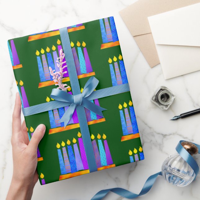 Bold Whimsical Hanukkah Menorah Candles on Green Wrapping Paper (Gifting)