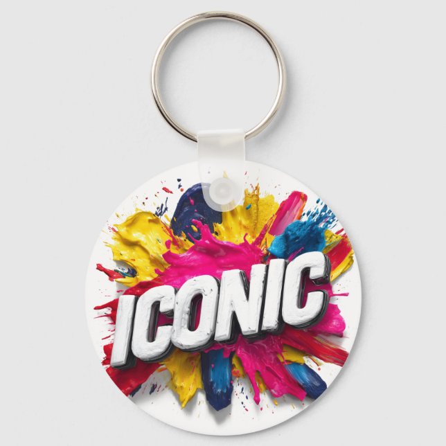 Bold White "ICONIC" Text Colorful Paint Splatter Keychain (Front)
