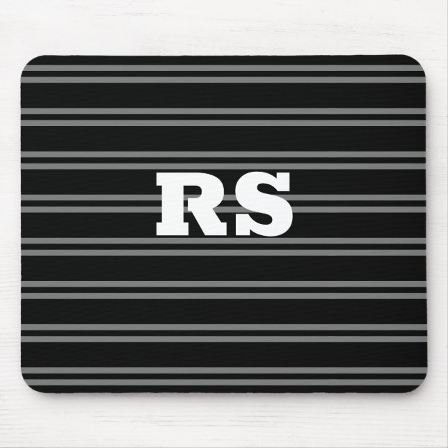 Bold White Monogram, Grey Lines on Black Mouse Pad (Front)