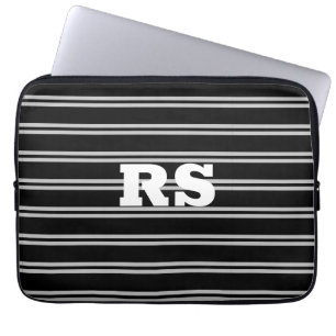 Bold White Monogram, Lt Grey Lines on Black Laptop Sleeve