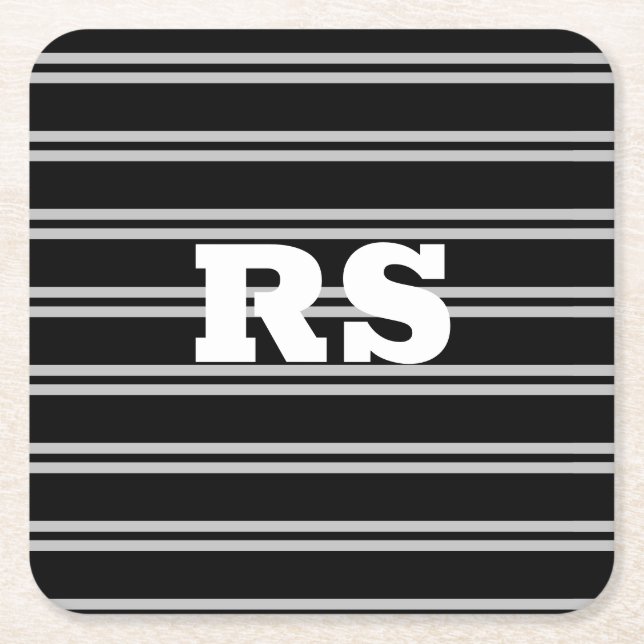Bold White Monogram, Lt Grey Lines on Black Square Paper Coaster (Front)