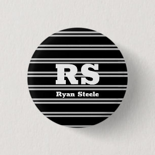 Bold White Monogram & Name, Lt Grey Lines on Black 1 Inch Round Button
