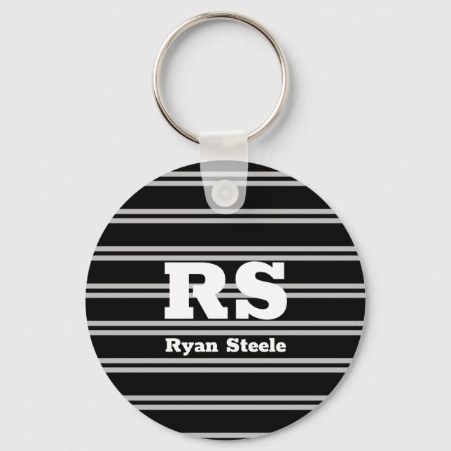 Bold White Monogram & Name, Lt Grey Lines on Black Keychain (Front)