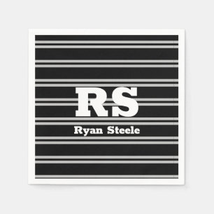 Bold White Monogram & Name, Lt Grey Lines on Black Napkin