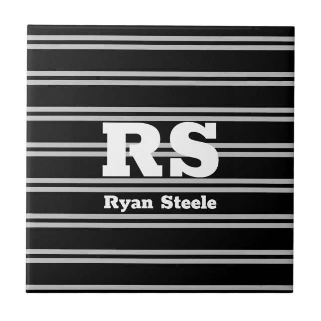 Bold White Monogram & Name, Lt Grey Lines on Black Tile (Front)