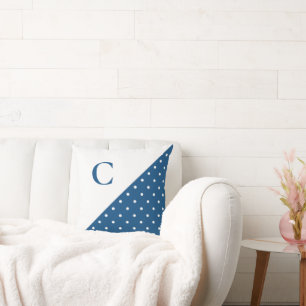 Bold White on Blue Polka Dot Pattern Monogram Throw Pillow